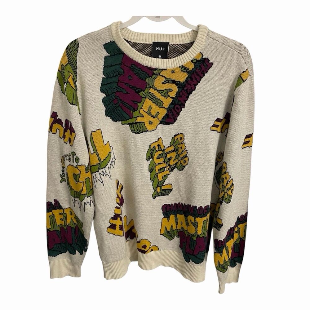 HUF Sweater Mens Medium Cream Paid In Full Chill Pullover Crewneck KN00427